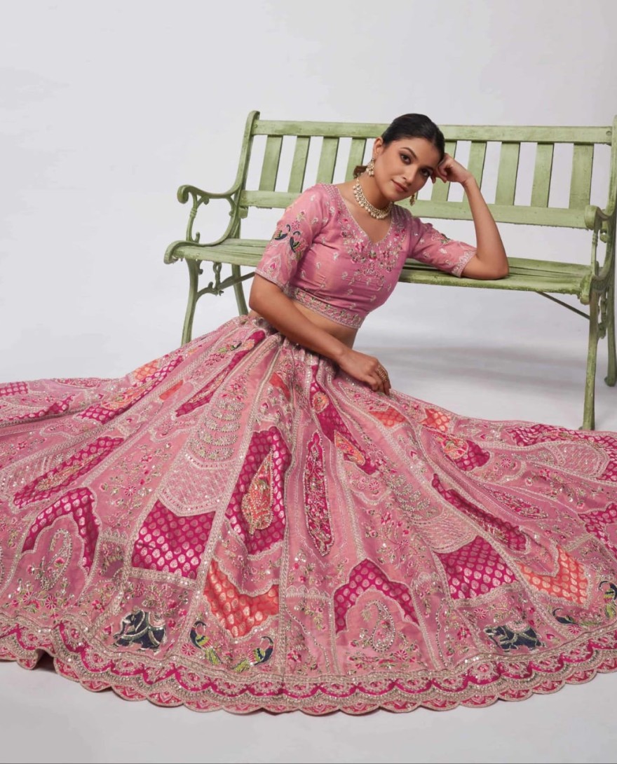 492 Pink - Pretty Pink paisley Motifs traditional embroidered wedding Lehenga